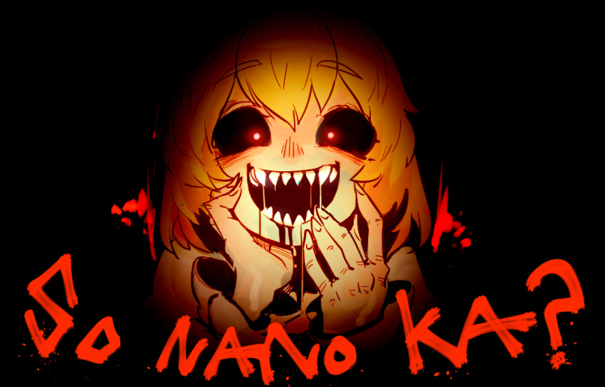 1girl black_background black_sclera blonde_hair crazy_eyes crazy_smile dark drooling eyebrows_visible_through_hair facing_viewer fingernails hair_ribbon hand_on_own_cheek hands_up is_that_so long_sleeves open_mouth pigeoncrow red_eyes red_ribbon ribbon rumia sharp_teeth solo teeth touhou