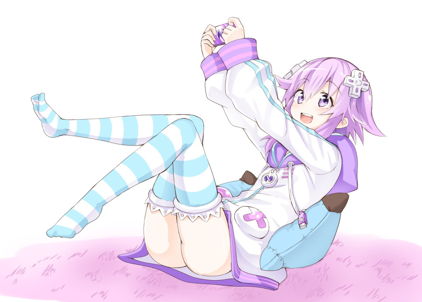 1girl :d ass blush commentary_request d-pad d-pad_hair_ornament feet_up full_body handheld_game_console highres knees_together_feet_apart lying neptune_(choujigen_game_neptune) neptune_(series) niwaka_potato on_back on_pillow open_mouth purple_hair short_hair smile solo striped striped_legwear thigh-highs upper_teeth violet_eyes