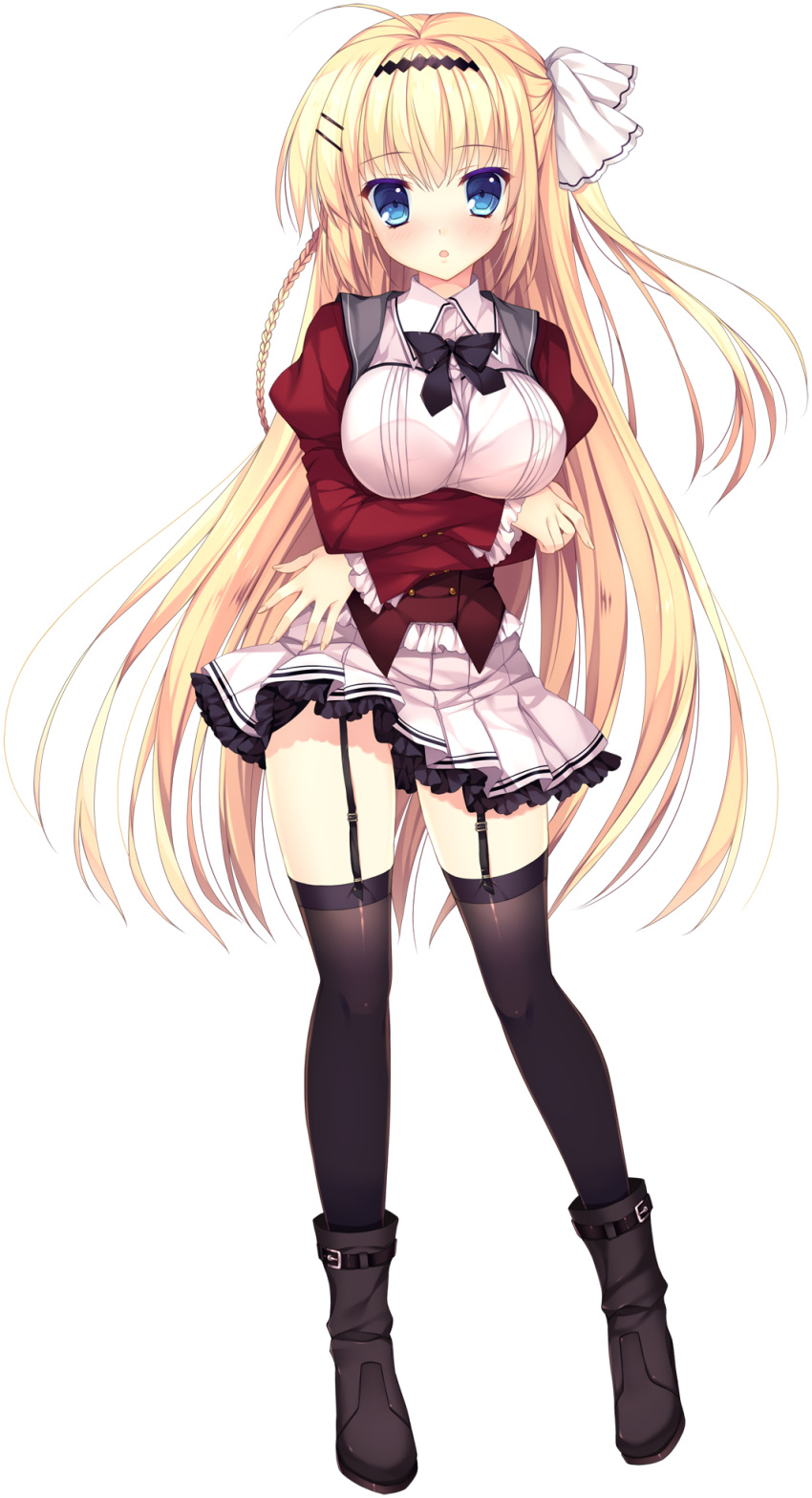 1girl :o black_legwear blonde_hair blue_eyes blush boots braid crossed_arms eyebrows_visible_through_hair full_body garter_straps hair_ornament hairband hairclip haruoto_alice_gram highres juliet_sleeves kuonji_kazuha_(harugura) long_hair long_sleeves looking_at_viewer mitha official_art one_side_up pleated_skirt puffy_sleeves skirt solo thigh-highs transparent_background very_long_hair