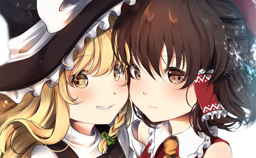 2girls bare_shoulders blonde_hair blouse blush bow brown_eyes brown_hair cheek-to-cheek detached_sleeves grin hair_bow hair_ribbon hair_tubes hakurei_reimu half_updo hat highres kirisame_marisa long_hair looking_at_viewer medium_hair miri_(miri0xl) multiple_girls nervous ribbon smile touhou vest witch_hat yellow_eyes