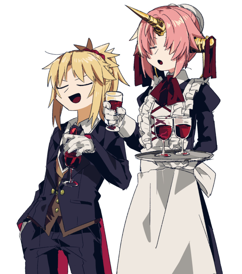2girls apron blonde_hair butler closed_eyes cup drinking_glass fate/apocrypha fate_(series) frankenstein's_monster_(fate) gloves hand_in_pocket highres holding holding_tray horn juliet_sleeves long_sleeves maid mordred_(fate) mordred_(fate)_(all) multiple_girls open_mouth pink_hair puffy_sleeves short_hair tray uotsu_(sabakou) white_background white_gloves wine_glass