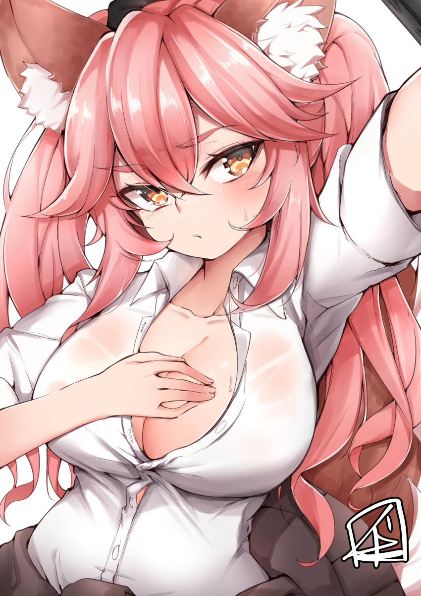 1girl absurdres animal_ears blush breasts cellphone chickenvomit cleavage collarbone fate/extella fate/extra fate/grand_order fate_(series) fox_ears fox_tail hand_on_own_chest highres large_breasts long_hair looking_at_viewer open_clothes open_shirt phone pink_hair school_uniform self_shot shirt simple_background smartphone solo sweat tail tamamo_(fate)_(all) tamamo_jk_(fate) twintails white_background white_shirt yellow_eyes