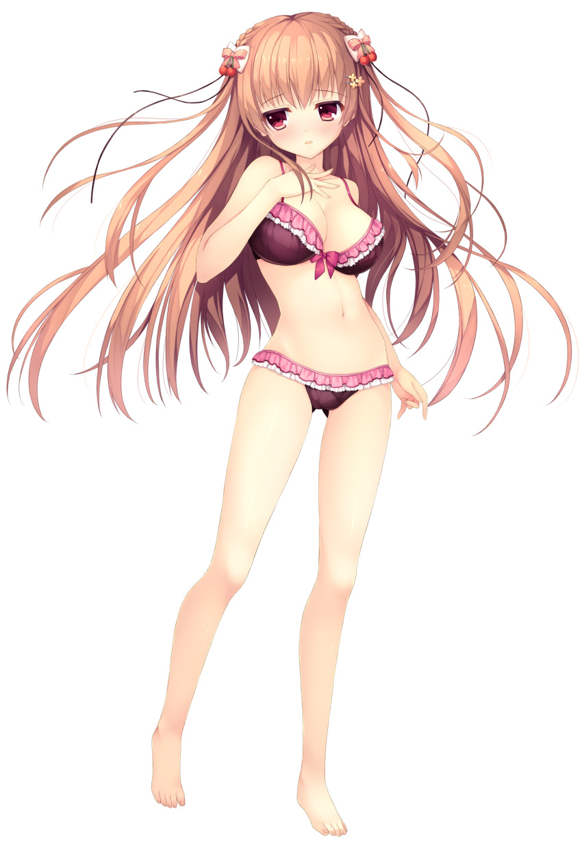 1girl :o bangs bare_shoulders barefoot bikini braid breasts brown_hair eyebrows_visible_through_hair frills full_body hair_ornament hairclip hand_on_own_chest haruoto_alice_gram highres large_breasts long_hair looking_at_viewer nanao_naru navel official_art red_eyes shirahane_yuuri solo swimsuit transparent_background