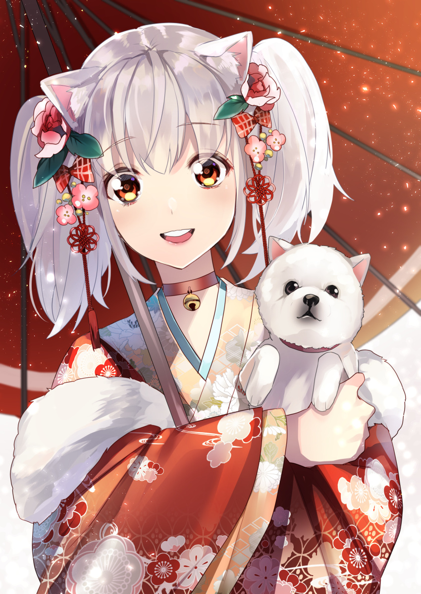 1girl :d absurdres animal animal_ears bangs bell bell_choker blush brown_eyes choker commentary_request derori dog dog_ears eyebrows_visible_through_hair floral_print flower fur_trim hair_between_eyes hair_flower hair_ornament highres holding holding_umbrella japanese_clothes jingle_bell kimono long_hair long_sleeves looking_at_viewer nengajou new_year open_mouth oriental_umbrella original pink_flower print_kimono red_choker red_kimono silver_hair smile solo twintails umbrella upper_teeth wide_sleeves year_of_the_dog