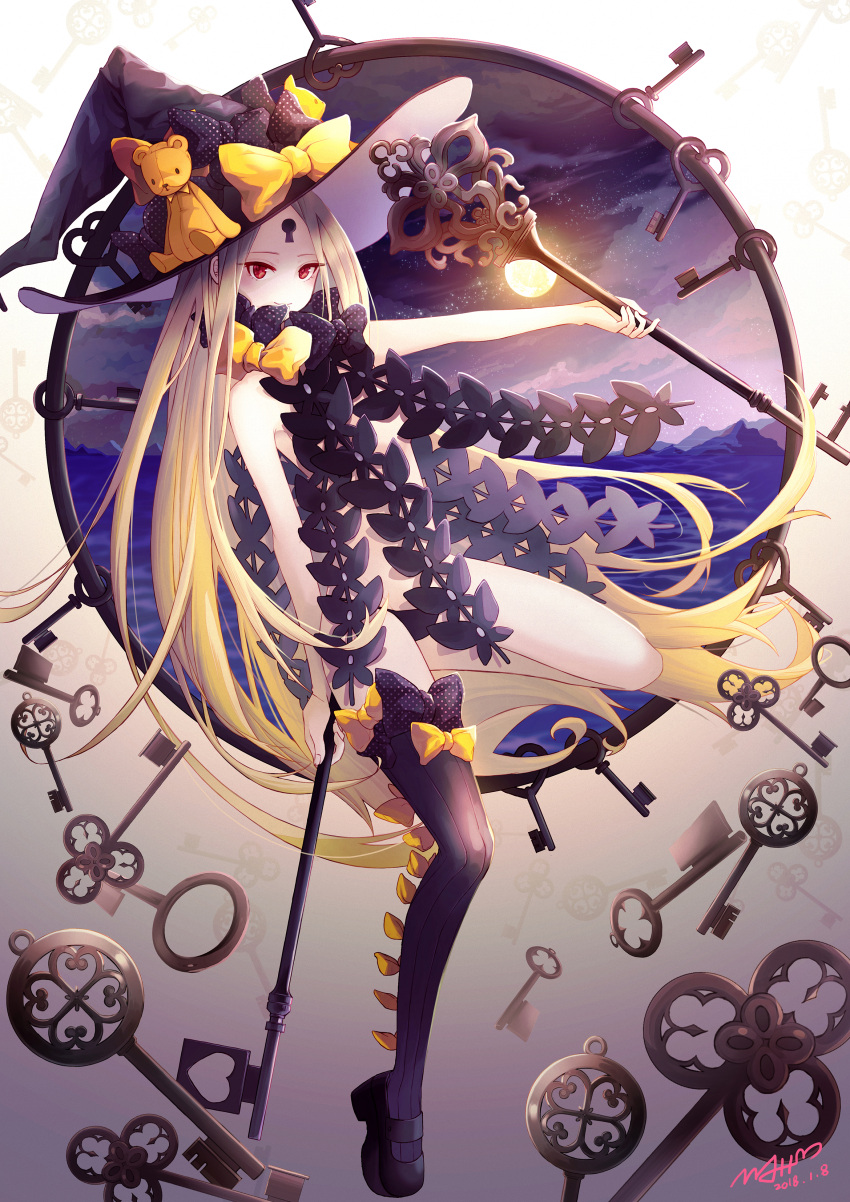 1girl abigail_williams_(fate/grand_order) absurdres bangs black_bow black_footwear black_hat black_legwear black_panties blonde_hair bow closed_mouth commentary_request dated fate/grand_order fate_(series) hat hat_bow highres holding holding_key jii_dayday key long_hair looking_at_viewer mary_janes orange_bow outstretched_arm oversized_object pale_skin panties parted_bangs red_eyes revealing_clothes shoes signature single_thighhigh smile solo thigh-highs topless underwear very_long_hair witch_hat