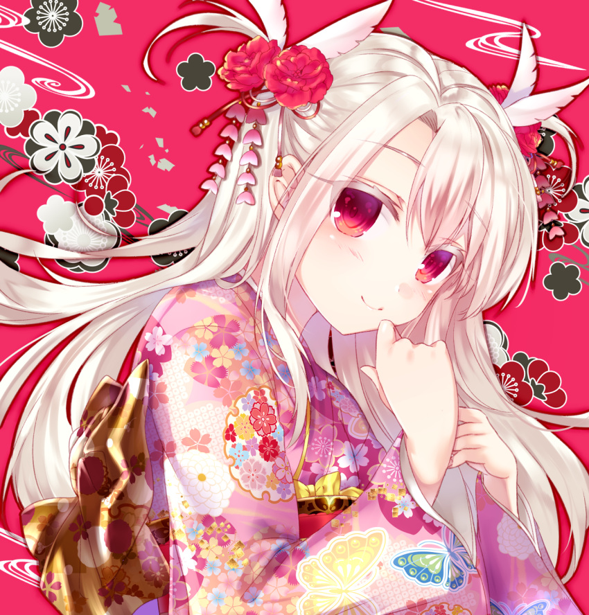 1girl bangs blush closed_mouth commentary_request eyebrows_visible_through_hair fate/kaleid_liner_prisma_illya fate_(series) feathers fingernails floral_print flower hair_between_eyes hair_feathers hair_flower hair_ornament highres illyasviel_von_einzbern japanese_clothes kimono kisaragi_saki long_hair long_sleeves looking_at_viewer pink_background pink_kimono print_kimono red_flower sidelocks silver_hair smile solo very_long_hair violet_eyes white_feathers wide_sleeves