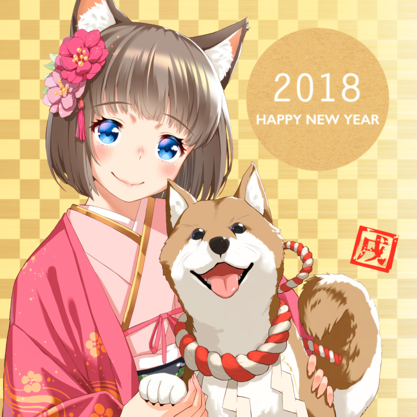 1girl 2018 animal_ears bangs blue_eyes blush brown_hair closed_mouth commentary_request dog dog_ears eyebrows_visible_through_hair flower hair_flower hair_ornament happy_new_year head_tilt highres japanese_clothes kimono lips looking_at_viewer nengajou new_year original pink_kimono saruchitan shiba_inu short_hair smile solo translated year_of_the_dog