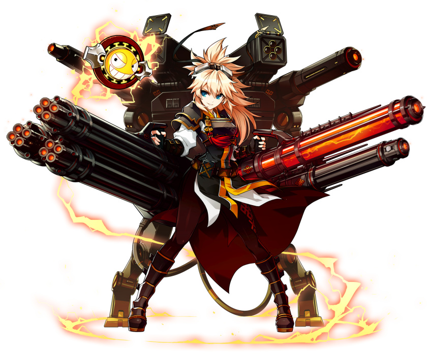 1girl armor artist_request black_footwear black_gloves black_pants blonde_hair blue_eyes boots elsword fingerless_gloves full_body gloves goggles goggles_on_head gun highres knee_boots long_hair looking_at_viewer machine_gun messy_hair official_art pants rose_(elsword) smile solo standing storm_trooper_(elsword) weapon