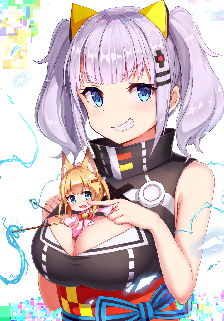 2girls absurdres animal_ears bangs bell between_breasts blonde_hair blue_eyes blush breasts cheek_poking chibi cleavage cleavage_cutout commentary_request crossover detached_sleeves eyebrows_visible_through_hair fox_ears grin hair_ornament hairclip highres holding jingle_bell kaguya_luna kaguya_luna_(character) kemomimi_vr_channel large_breasts looking_at_viewer maeshimashi medium_hair multiple_girls nekomasu_(kemomimi_vr_channel) obi open_mouth poking sash silver_hair sleeveless smile twintails upper_body v-shaped_eyebrows