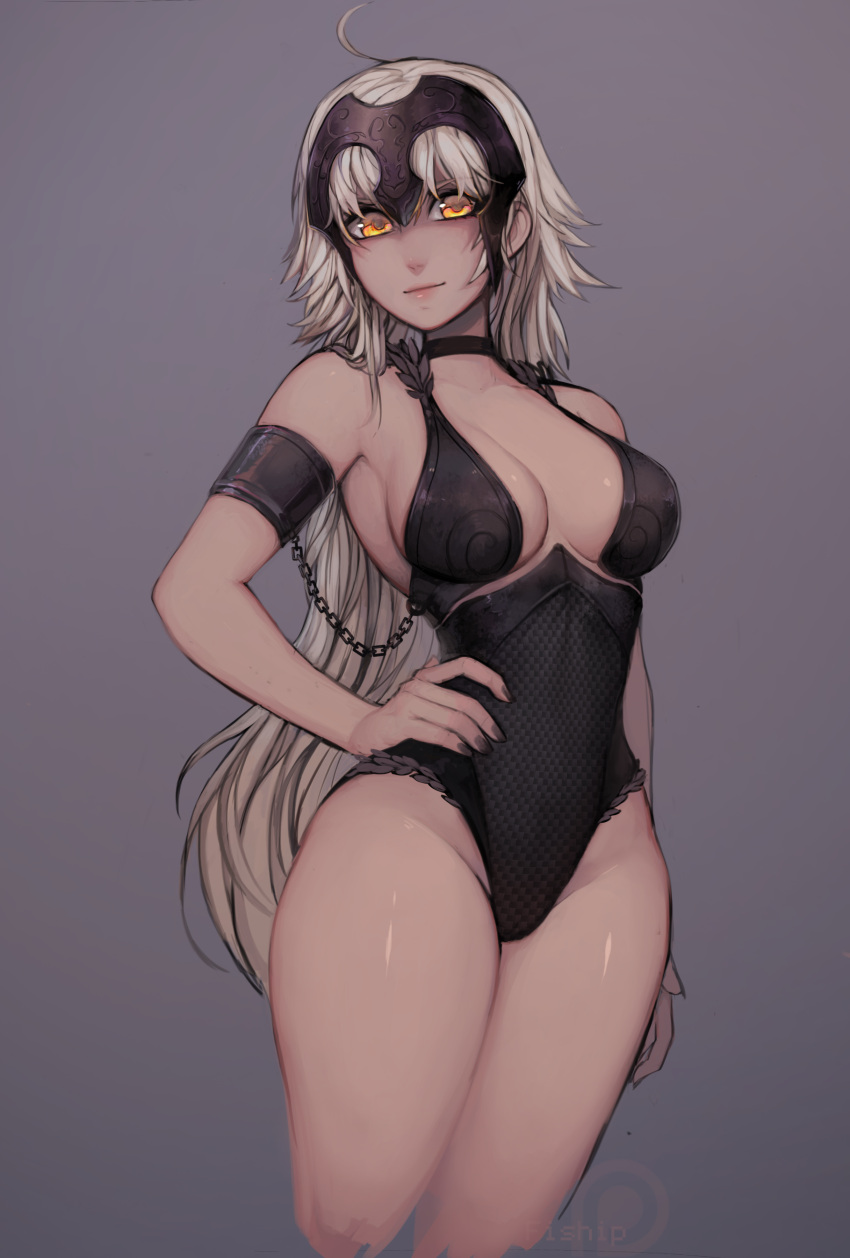 1girl absurdres ahoge armlet bangs black_bra black_choker black_leotard bra breasts chains choker closed_mouth commentary contrapposto fate/grand_order fate_(series) fingernails grey_background grey_nails hand_on_hip headpiece highres jeanne_d'arc_(alter)_(fate) jeanne_d'arc_(fate)_(all) large_breasts legs_together leotard light_smile lips long_hair looking_at_viewer matilda_vin nail_polish orange_eyes patreon_logo patreon_username pink_lips simple_background solo standing underwear very_long_hair