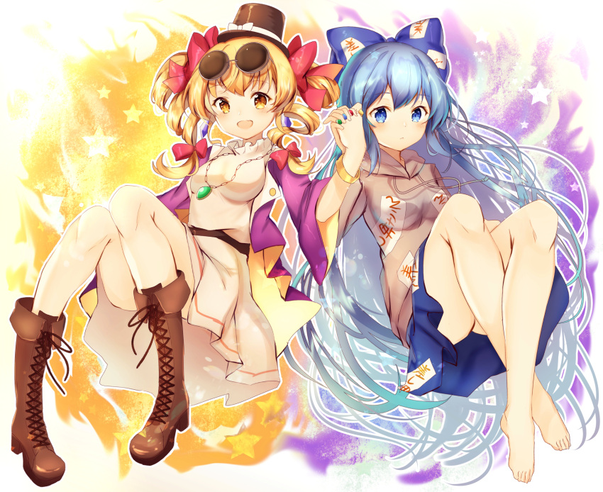 2girls bangle barefoot blonde_hair blue_bow blue_eyes blue_hair blue_skirt boots bow bracelet breasts brown_footwear commentary_request debt drill_hair eyewear_on_head feet hair_bow hand_holding hat highres hood hoodie jewelry long_hair medium_breasts mini_hat multiple_girls neno_(nenorium) open_mouth pendant red_bow short_hair short_sleeves sitting skirt smile toes touhou twintails very_long_hair wide_sleeves yellow_eyes yorigami_jo'on yorigami_shion