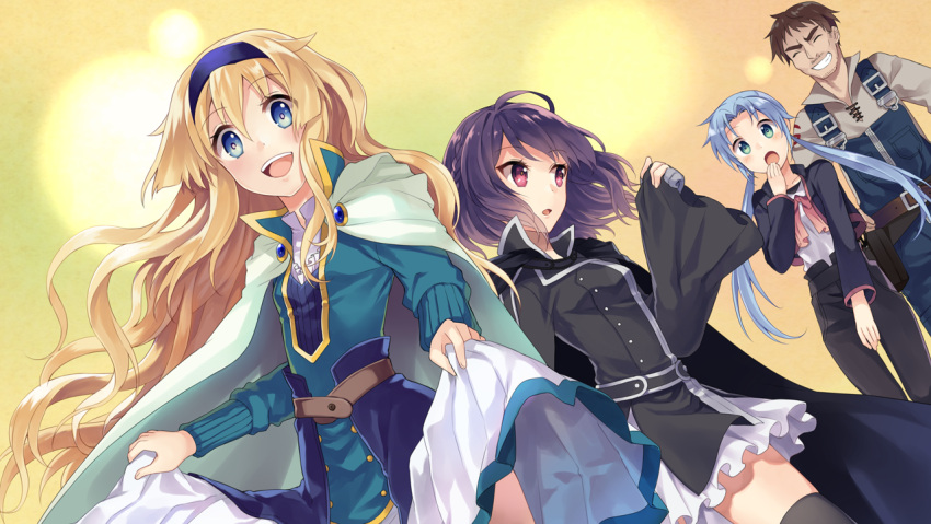 1boy 3girls :d :o ^_^ ahoge aqua_dress aqua_eyes black_legwear black_pants blonde_hair blue_eyes blue_hair blush braid brown_hair cape closed_eyes collarbone dress dutch_angle eyebrows eyebrows_visible_through_hair facial_hair fault game_cg gloves grey_gloves grin hairband hertzwann_gkrouwlies konatsu_hare long_hair long_sleeves looking_at_another low_twintails multiple_girls mustache official_art open_mouth overalls pants parted_lips partly_fingerless_gloves pink_eyes purple_hair ritona_reighnvhasta rune_(fault) selphine_rughzenhaide shirt short_hair skirt skirt_hold sleeves_past_wrists smile thigh-highs twintails very_long_hair wide_sleeves
