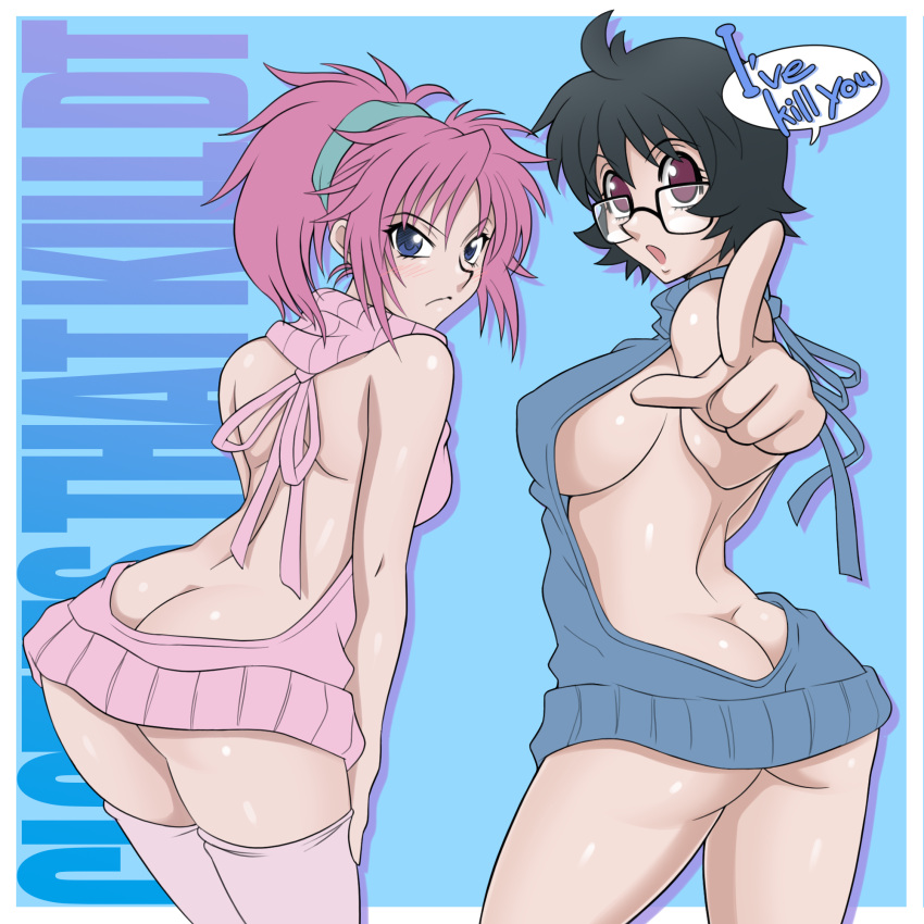 2girls :o ahoge alternate_costume arched_back ass back backless_outfit bangs bare_arms bare_back bare_shoulders black-framed_eyewear black_hair blue_background blue_eyes blue_ribbon blue_sweater blush bottomless breasts butt_crack closed_mouth curvy english_text engrish erect_nipples eyebrows eyebrows_visible_through_hair eyelashes facing_another from_behind frown glasses hair_between_eyes hair_tie hand_on_own_leg high_ponytail highres hips hoimin_(anchangdeath) hunter_x_hunter index_finger_raised large_breasts leaning leaning_forward legs_apart legs_together long_hair looking_at_viewer looking_back machi_(hunter_x_hunter) medium_breasts meme_attire multiple_girls no_bra no_pupils open-chest_sweater open_mouth pink_hair pink_legwear pink_ribbon pink_sweater pointing pointing_at_viewer ponytail ranguage ribbon semi-rimless_eyewear shizuku_(hunter_x_hunter) short_hair sideboob sidelocks silhouette speech_bubble standing sweater tareme text thigh-highs thighs together tsurime turtleneck turtleneck_sweater under-rim_eyewear violet_eyes