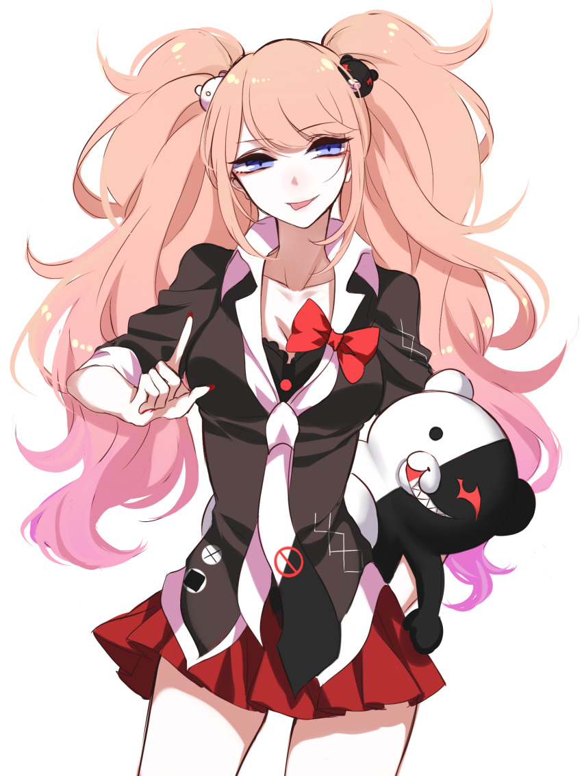 1girl absurdres bear_hair_ornament black_bra blue_eyes bow bra breasts cleavage commentary_request cowboy_shot dangan_ronpa dangan_ronpa_1 enoshima_junko gradient_hair hair_ornament highres index_finger_raised long_hair looking_at_viewer medium_breasts monokuma multicolored_hair nail_polish necktie orange_hair parted_lips pleated_skirt red_bow red_nails red_skirt sheya short_sleeves simple_background skirt smile spoilers twintails underwear very_long_hair white_background
