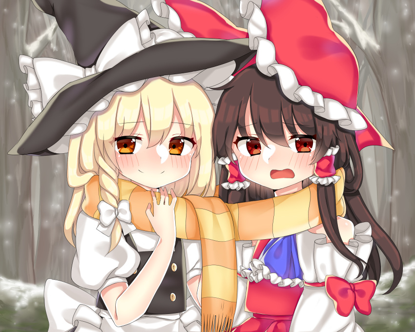 2girls ascot blonde_hair blouse blue_neckwear blush bow braid brown_hair cheunes commentary detached_sleeves embarrassed expressive_clothes hair_bow hair_ribbon hair_tubes hakurei_reimu hat hat_bow hat_ribbon highres kirisame_marisa large_bow long_hair long_sleeves multiple_girls outdoors puffy_short_sleeves puffy_sleeves red_eyes ribbon scarf shared_scarf short_sleeves side_braid single_braid smile snow snowing striped striped_scarf touhou vest wide_sleeves witch_hat yellow_eyes yuri
