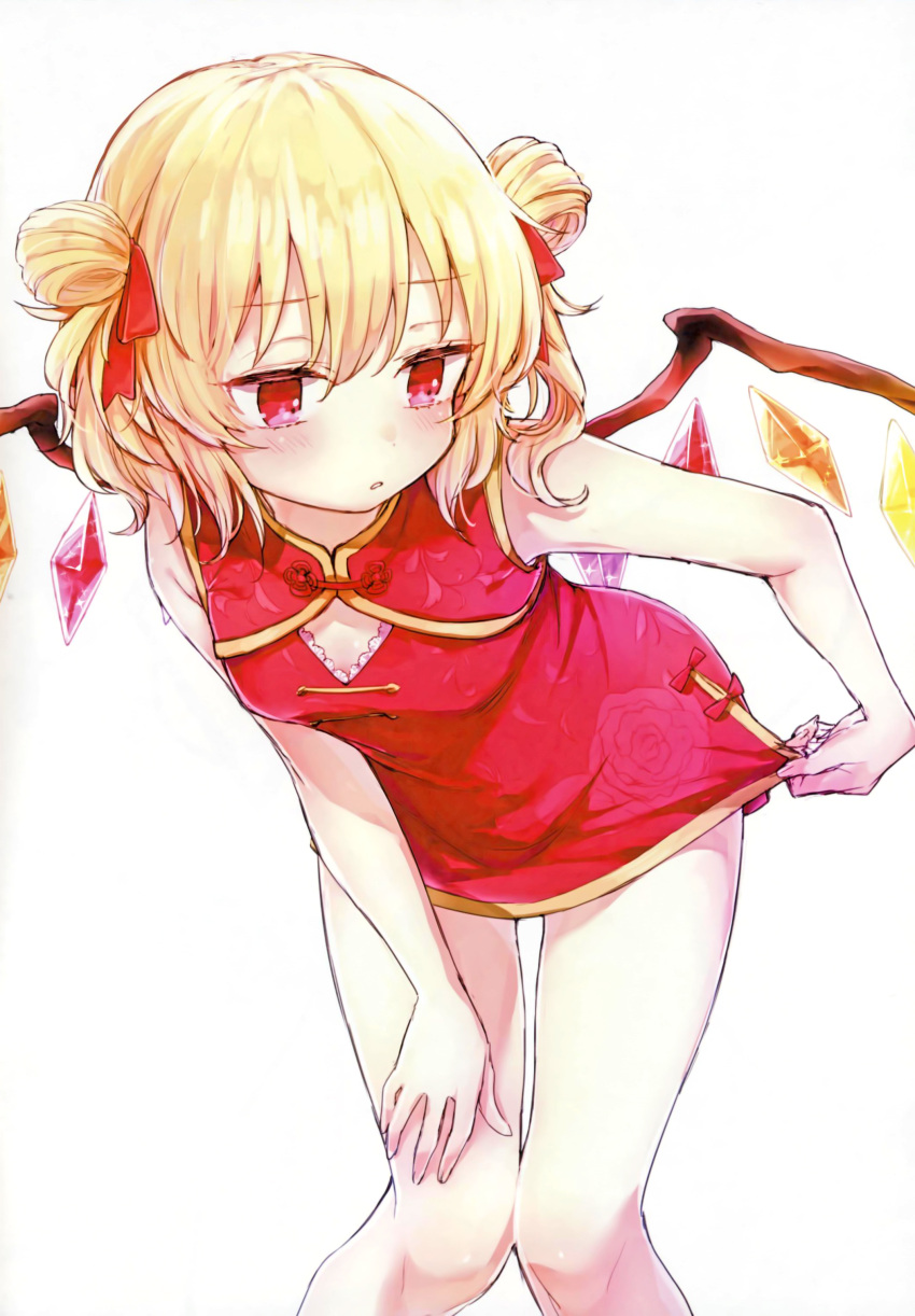 1girl absurdres alternate_costume alternate_hairstyle bangs bare_arms bare_legs blonde_hair blush capelet china_dress chinese_clothes double_bun dress eyebrows_visible_through_hair flandre_scarlet floral_print highres honotai knees_together_feet_apart leaning_forward red_dress red_eyes scan short_dress simple_background sleeveless sleeveless_dress solo touhou white_background wings