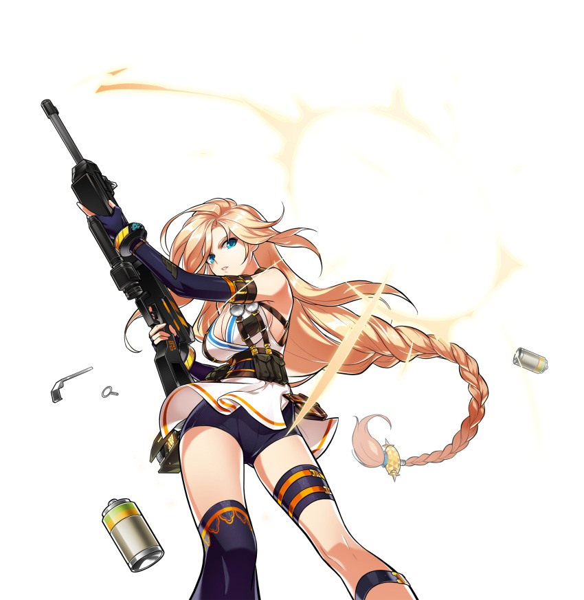 1girl absurdres artist_request black_gloves black_legwear black_shorts blonde_hair blue_eyes braid breasts cleavage cropped_legs elsword fingerless_gloves freyja_(elsword) gloves gun highres holding holding_gun holding_weapon large_breasts legs long_hair looking_at_viewer official_art rose_(elsword) shell_casing shirt short_shorts shorts single_thighhigh solo standing thigh-highs thighlet weapon white_shirt