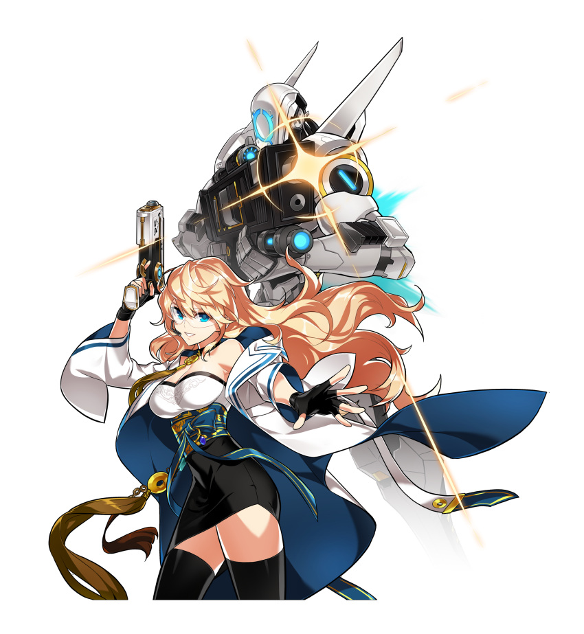 1girl absurdres artist_request black_gloves black_legwear black_skirt blonde_hair blue_eyes cowboy_shot elsword fingerless_gloves gloves gun highres holding holding_gun holding_weapon long_hair looking_at_viewer official_art optimus_(elsword) outstretched_hand pencil_skirt robot rose_(elsword) skirt smile solo tassel thigh-highs visor weapon white_coat zettai_ryouiki