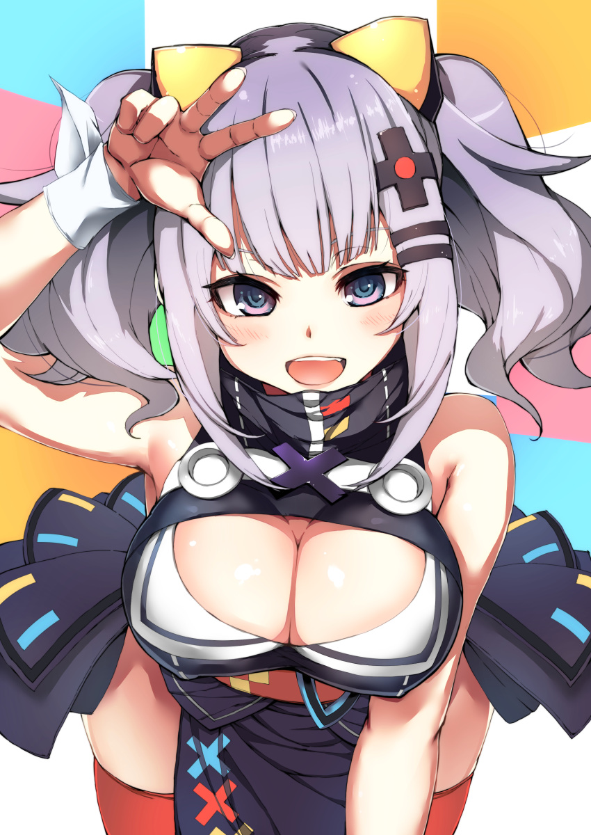 1girl :d absurdres arm_up armpits bangs bare_arms bare_shoulders blue_eyes blunt_bangs blush breasts center_opening cleavage commentary_request dress hair_ornament hairclip half-closed_eyes highres kaguya_luna kaguya_luna_(character) kobo_(cobo_0609) large_breasts looking_at_viewer obi open_mouth sash silver_hair skirt sleeveless sleeveless_dress smile solo thigh-highs twintails