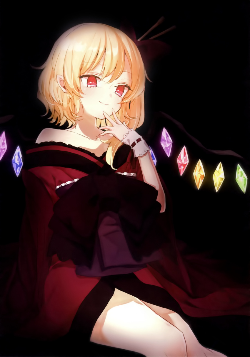 1girl absurdres alternate_costume bangs bare_legs bare_shoulders blonde_hair collarbone dark flandre_scarlet hair_ornament hair_ribbon hair_stick hand_up highres honotai japanese_clothes kimono obi pointy_ears red_eyes red_kimono red_ribbon ribbon sash scan smile solo touhou wings wrist_cuffs