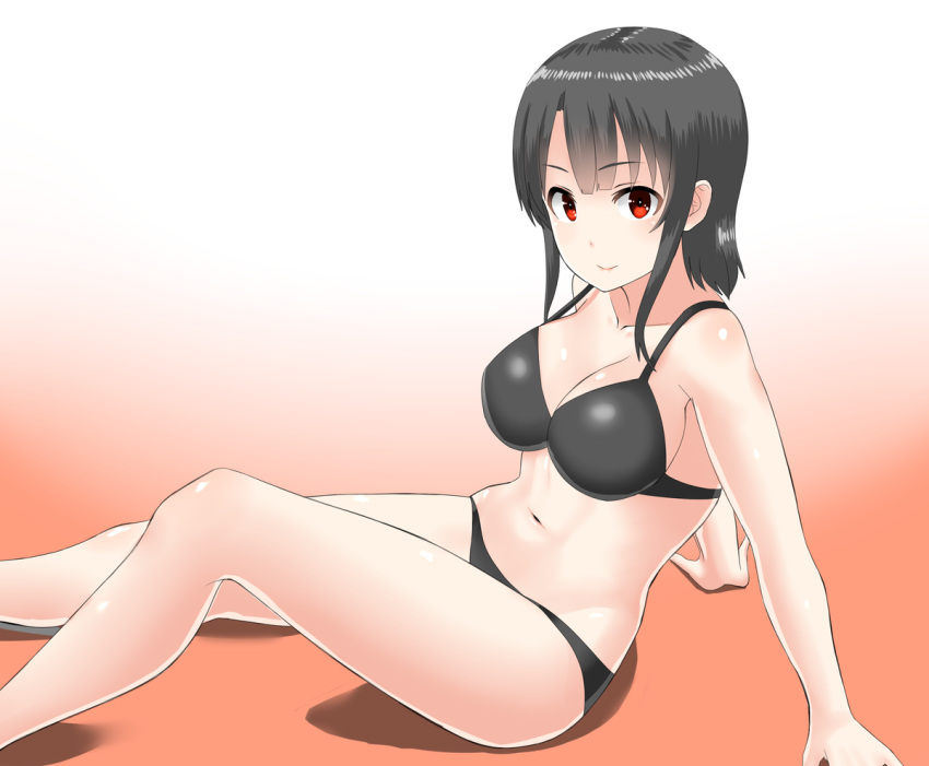 &gt;:) 1girl 30-06 arm_support black_bra black_hair black_panties bra gradient gradient_background kantai_collection looking_at_viewer navel orange_background panties red_eyes short_hair sitting smile solo takao_(kantai_collection) underwear white_background