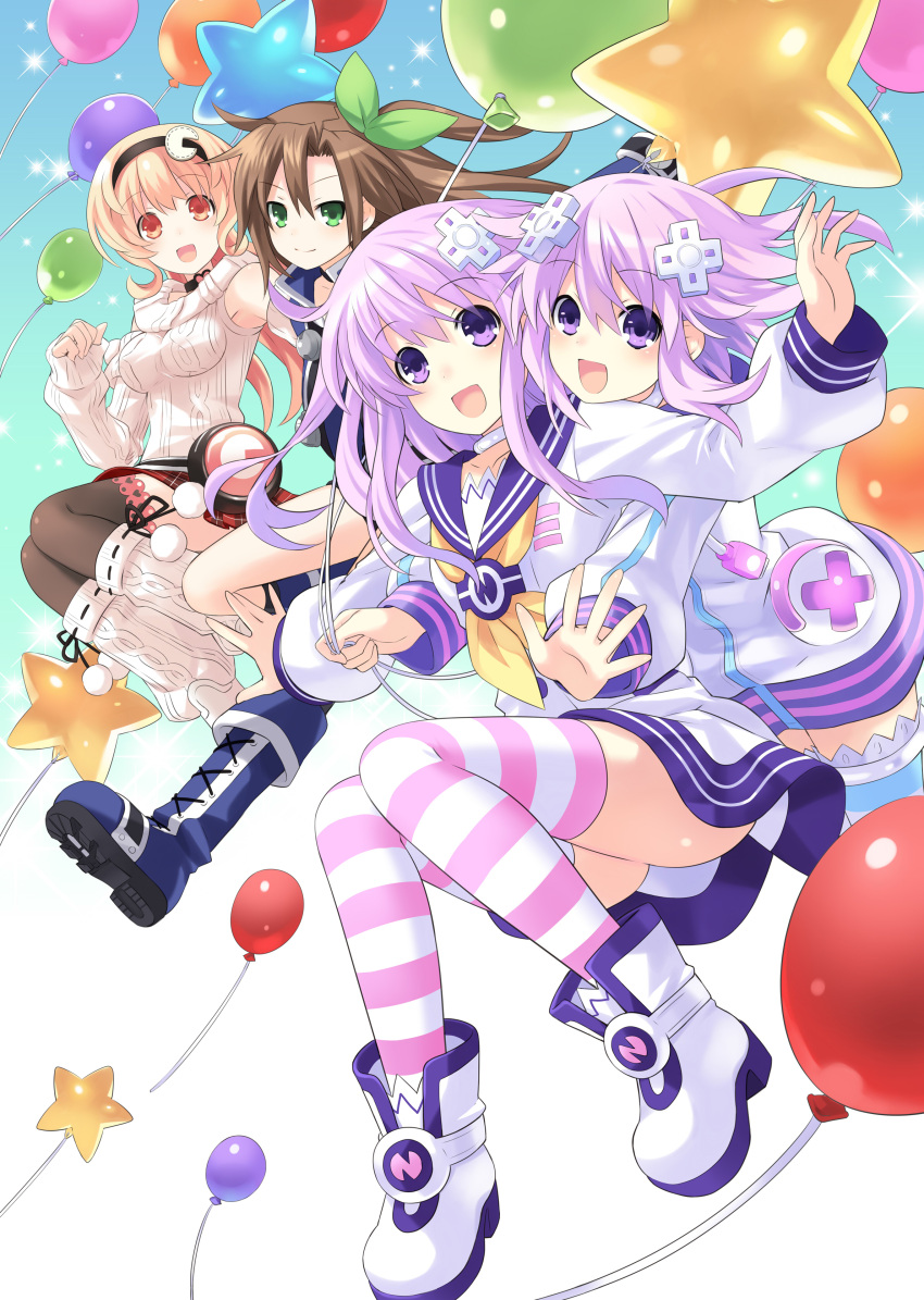 4girls absurdres balloon blonde_hair blush bow brown_hair compa d-pad d-pad_hair_ornament green_eyes hair_bow hair_ornament hairband highres if_(choujigen_game_neptune) long_hair multiple_girls nepgear neptune_(choujigen_game_neptune) neptune_(series) official_art one_side_up open_mouth purple_hair short_hair skirt smile striped striped_legwear sweater thigh-highs tsunako violet_eyes