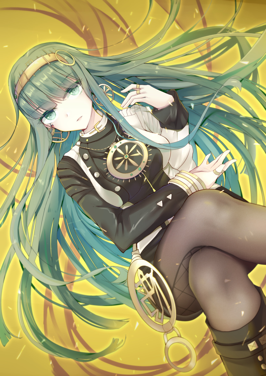 1girl absurdres black_legwear black_skirt cleopatra_(fate/grand_order) eyebrows_visible_through_hair fate/grand_order fate_(series) floating_hair green_eyes green_hair highres ice_(ice) jewelry legs_crossed long_hair looking_at_viewer miniskirt pantyhose parted_lips ring skirt solo very_long_hair yellow_background yellow_hairband