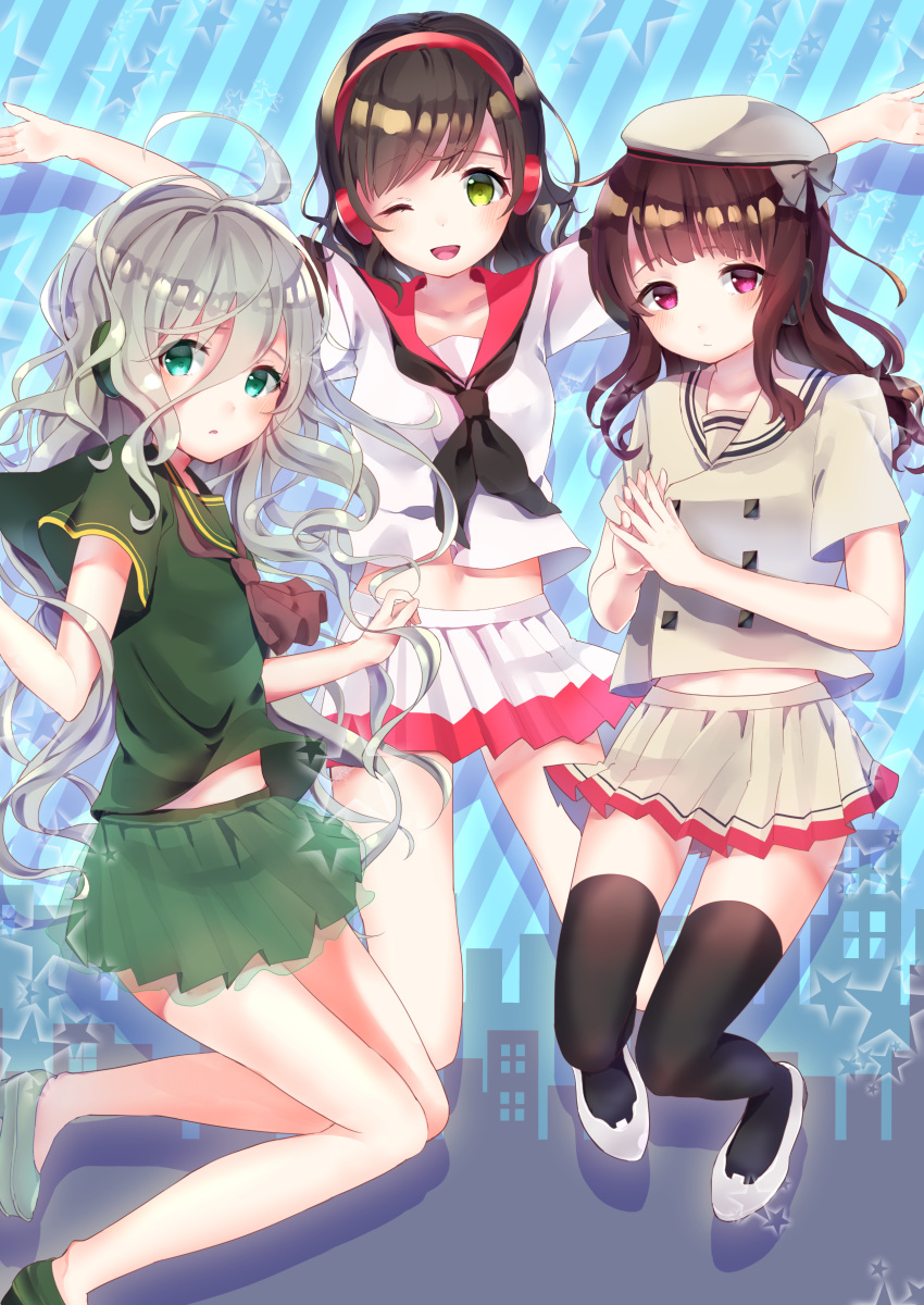 3girls ;d absurdres ahoge ascot bangs beret black_hair black_legwear black_neckwear blue_background blush brown_hair brown_neckwear character_request closed_mouth commentary_request diagonal-striped_background eyebrows_visible_through_hair green_eyes green_footwear green_shirt green_skirt grey_hair hair_between_eyes hat head_tilt headphones highres hoshi_no_yurara_(xxberry_0x0) interlocked_fingers long_hair looking_at_viewer looking_to_the_side multiple_girls neckerchief one_eye_closed open_mouth outstretched_arms own_hands_together parted_lips pleated_skirt school_uniform serafuku shirt short_sleeves skirt smile spread_arms star starry_background station_memories thigh-highs very_long_hair violet_eyes white_footwear white_hat white_shirt white_skirt