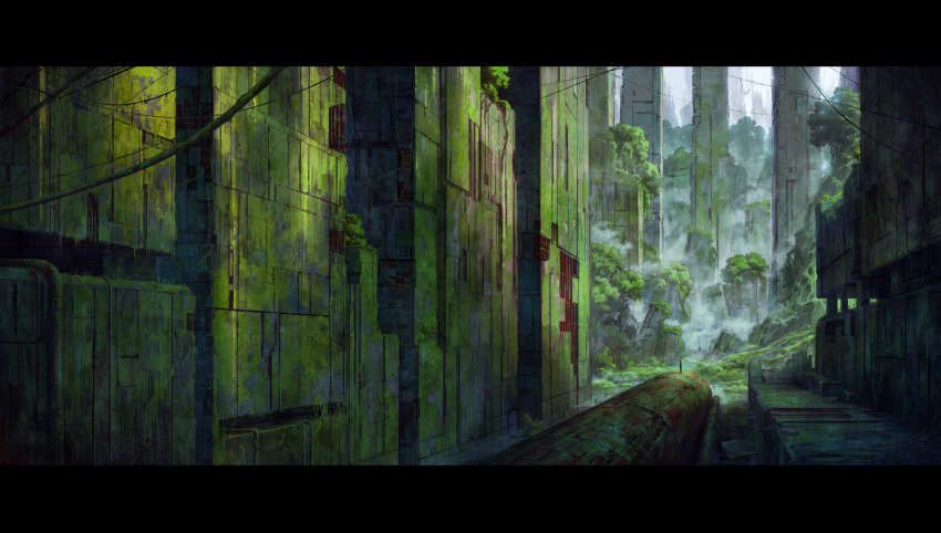 ambiguous_gender commentary day highres letterboxed miso_pan moss original outdoors overgrown plant post-apocalypse power_lines rope ruins scenery silhouette swamp vines
