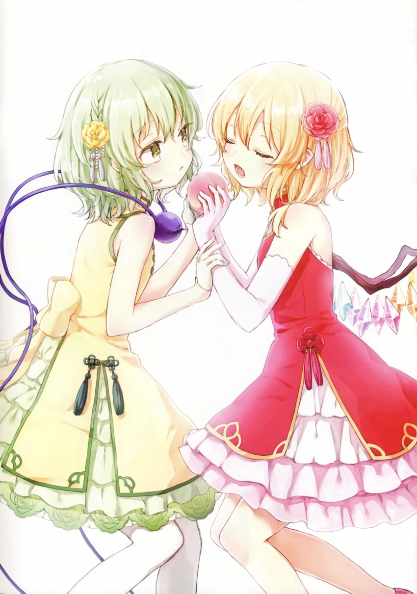 2girls absurdres alternate_costume apple bare_arms blonde_hair chinese_clothes closed_eyes dress elbow_gloves flandre_scarlet flower food frilled_dress frills from_side fruit gloves green_eyes green_hair hair_flower hair_ornament highres holding holding_fruit honotai komeiji_koishi looking_at_another multiple_girls pantyhose red_dress red_flower red_footwear red_rose rose scan shoes short_dress simple_background sleeveless sleeveless_dress tassel third_eye touhou white_background white_gloves white_legwear wings yellow_dress yellow_flower yellow_rose