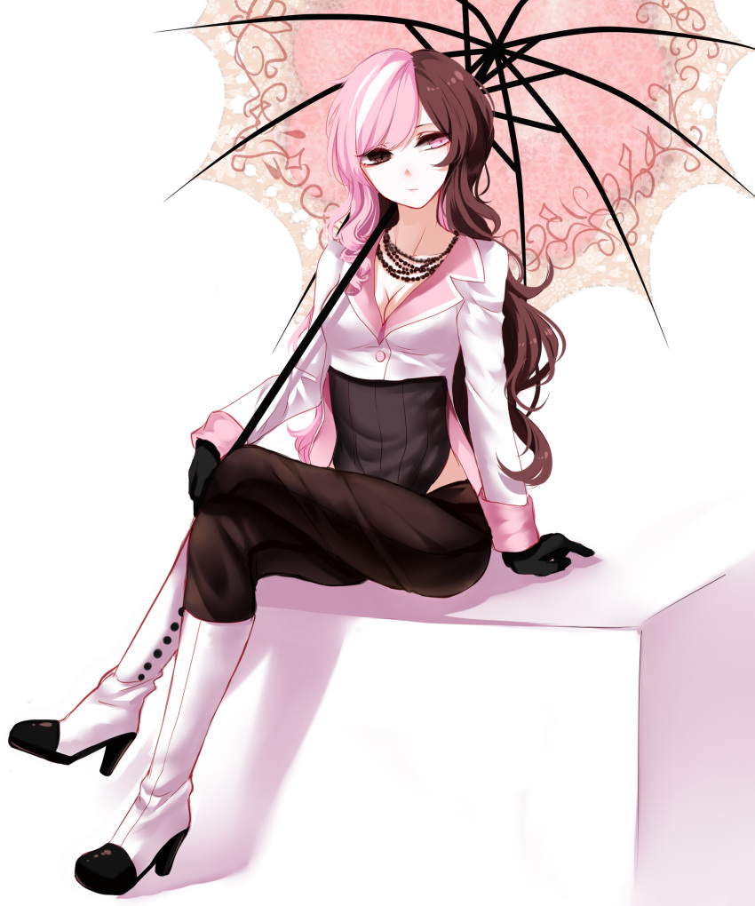 1girl absurdres black_gloves block boots breasts brown_eyes brown_hair cleavage full_body gloves heterochromia high_heels highres holding holding_umbrella jewelry legs_crossed leotard_under_clothes long_hair long_sleeves looking_at_viewer medium_breasts multicolored_hair necklace neo_(rwby) pink_eyes pink_hair rwby sheya shirt simple_background sitting solo two-tone_hair umbrella white_background white_footwear white_shirt