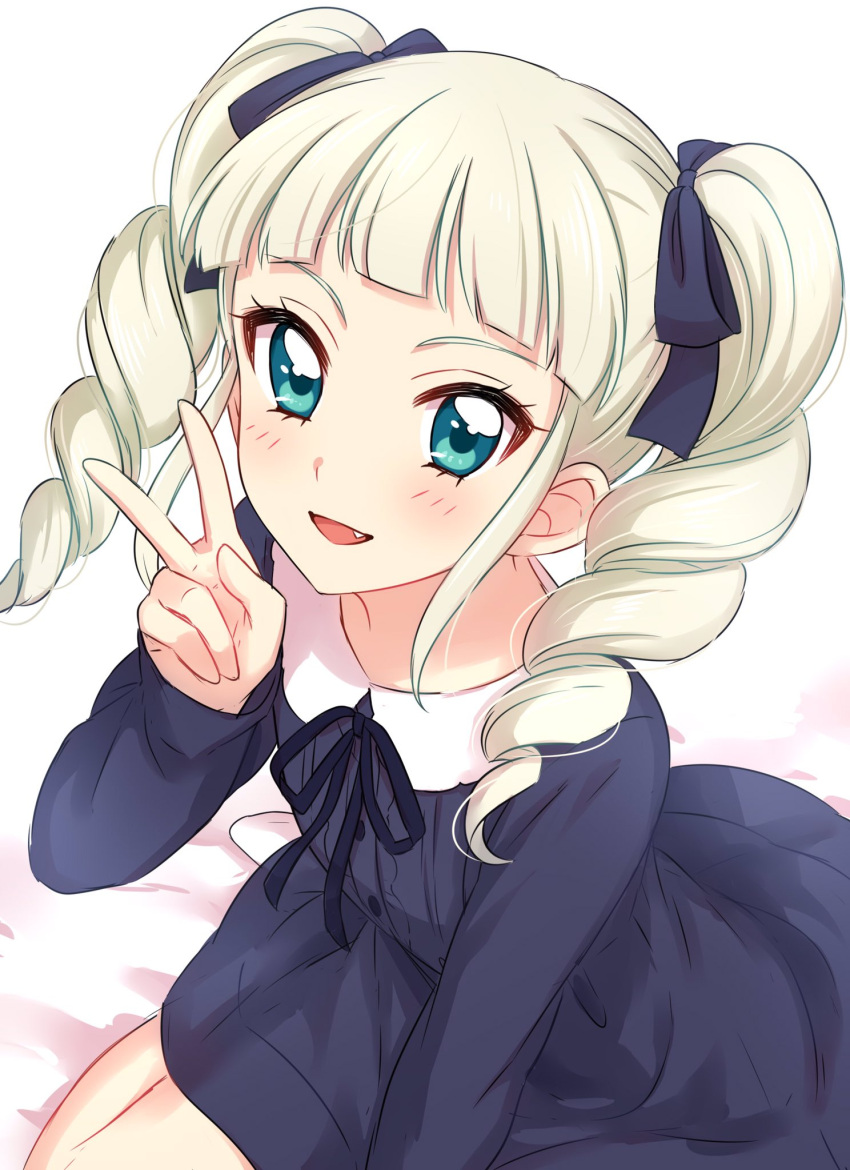 1girl :d aikatsu! bangs blonde_hair blue_dress blue_eyes blue_neckwear blue_ribbon blunt_bangs blush collared_dress commentary_request dress drill_hair fang hair_ribbon hand_up highres long_sleeves looking_at_viewer neck_ribbon open_mouth ribbon sekina simple_background smile solo toudou_yurika twin_drills v white_background