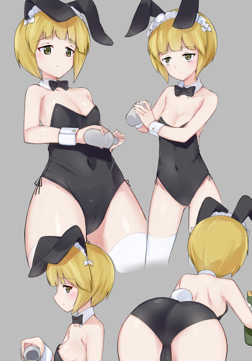 1girl animal_ears ass bangs bare_shoulders bent_over black_leotard blonde_hair blush breasts bunny_girl bunny_tail bunnysuit cleavage closed_mouth commentary_request covered_navel cutlass_(girls_und_panzer) debutya_aki detached_collar eyebrows_visible_through_hair fake_animal_ears girls_und_panzer highres leotard looking_at_viewer maid_headdress multiple_tails rabbit_ears shiny shiny_hair shiny_skin short_hair small_breasts standing strapless strapless_leotard tail wrist_cuffs yellow_eyes