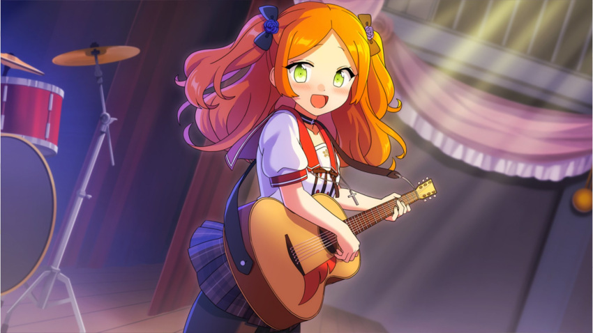 1girl choker ensemble_girls! ensemble_girls_(artist) green_eyes guitar highres instrument kimisaki_school_uniform long_hair official_art orange_hair plaid school_uniform short_twintails skirt smile solo tsukinaga_ruka twintails