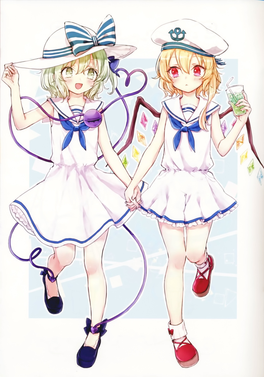 2girls absurdres alternate_costume anchor_symbol bare_arms bare_legs blonde_hair blue_bow blue_footwear bow cup dress drinking_glass drinking_straw flandre_scarlet green_eyes green_hair hand_holding hat hat_bow heart heart_of_string highres honotai interlocked_fingers komeiji_koishi multiple_girls red_eyes red_footwear sailor_hat scan shoes short_dress smile striped striped_bow thigh-highs touhou white_dress white_hat