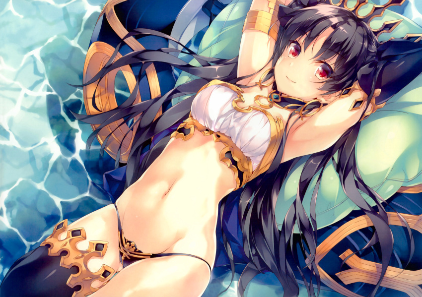 1girl absurdres amami_mikihiro armlet armpits arms_behind_head arms_up bandeau black_hair black_legwear black_panties bow breasts cleavage closed_mouth detached_collar earrings eyebrows_visible_through_hair fate/grand_order fate_(series) gluteal_fold hair_bow highres hoop_earrings ishtar_(fate/grand_order) jewelry long_hair looking_at_viewer lying medium_breasts midriff navel on_back panties red_eyes scan single_sleeve single_thighhigh smile solo strapless thigh-highs underwear water