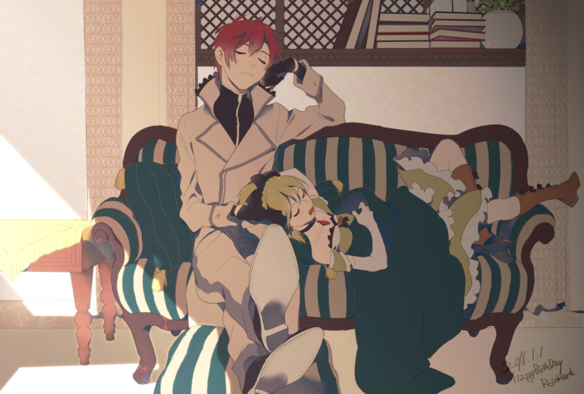 1boy 1girl black_gloves blonde_hair book boots bow couch dress felt_(re:zero) gloves hair_bow jewelry lap_pillow long_hair long_sleeves open_mouth pillow re:zero_kara_hajimeru_isekai_seikatsu redhead reinhard_van_astrea sleeping sogekishu_(sni8er) uniform