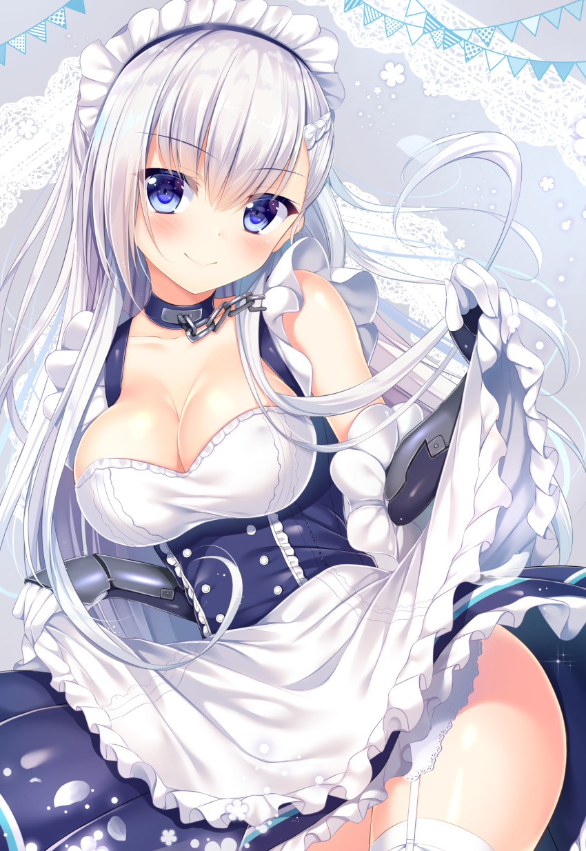 1girl apron apron_hold arm_guards azur_lane bare_shoulders belfast_(azur_lane) black_dress blush braid breasts chains cleavage closed_eyes closed_mouth collar collarbone commentary_request contrapposto corset cowboy_shot double-breasted dress elbow_gloves french_braid frilled_dress frills garter_straps gloves head_tilt highres lace_border large_breasts lifted_by_self light_particles long_hair looking_at_viewer maid_headdress pennant petticoat skirt skirt_lift smile solo standing string_of_flags thigh-highs tomoo_(tomo) very_long_hair white_apron white_gloves white_hair white_legwear