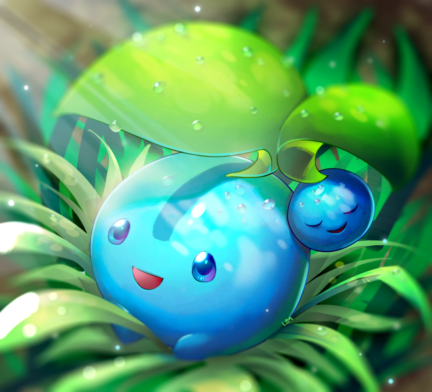 alternate_color blue_eyes cherubi dew_drop grass highres looking_at_viewer metalmorag no_humans outdoors pokemon shiny_pokemon solo water_drop