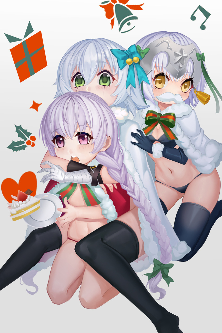 3girls :o bangs bell black_bra black_legwear black_panties blue_bow blush bow bra braid brown_eyes cake commentary_request covered_mouth eyebrows_visible_through_hair fake_mustache fate/grand_order fate_(series) food fur-trimmed_capelet fur-trimmed_cloak gaoyang_ou_nisang green_bow green_eyes grey_background hair_between_eyes headpiece highres hug hug_from_behind jack_the_ripper_(fate/apocrypha) jeanne_d'arc_(fate)_(all) jeanne_d'arc_alter_santa_lily kneeling long_hair multiple_girls nursery_rhyme_(fate/extra) open_mouth panties plate pom_pom_(clothes) purple_hair purple_panties red_cloak scar scar_across_eye scar_on_cheek silver_hair slice_of_cake thigh-highs underwear upper_teeth very_long_hair violet_eyes white_capelet white_cloak