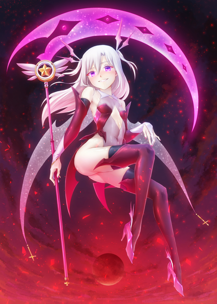 1girl ass bangs bare_shoulders black_legwear blush boots breasts bridal_gauntlets clouds cloudy_sky covered_navel cross evil_smile fate/kaleid_liner_prisma_illya fate_(series) floating flying full_body glowing glowing_weapon hair_between_eyes hair_ornament hand_on_own_knee high_heels highres holding holding_weapon illyasviel_von_einzbern leotard light_particles long_hair looking_at_viewer moon nail_polish nicca_(kid_nicca) outdoors parted_lips pink_footwear pink_legwear pink_leotard pink_nails red_moon scythe shiny shiny_skin silver_hair skindentation sky small_breasts smile solo star thigh-highs thigh_boots thighhighs_under_boots thighs two_side_up violet_eyes weapon wings