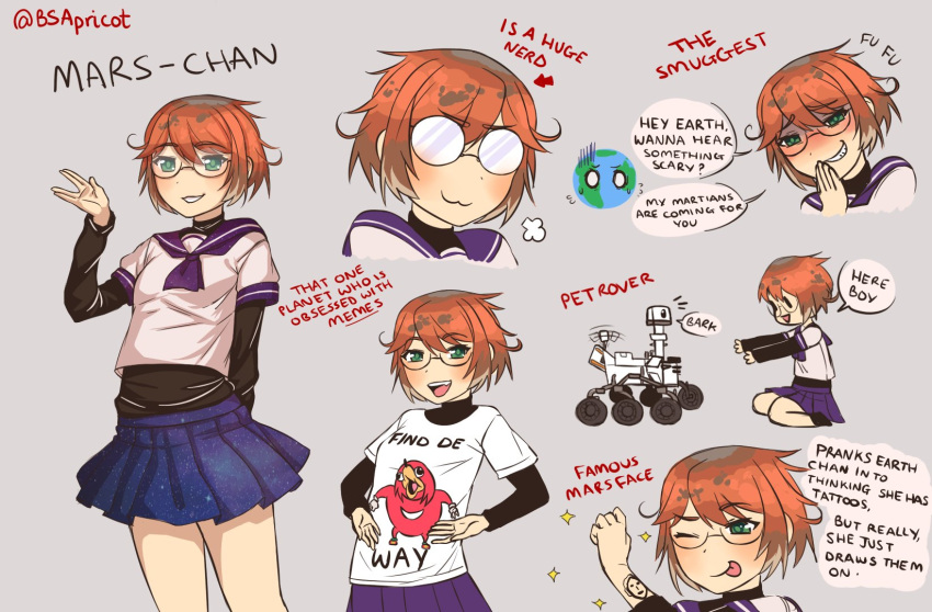 :3 chibi curiosity_(mars_rover) danielle_brindle glasses green_eyes highres mars-chan original redhead round_eyewear salute school_uniform serafuku smirk sparkle star star_print tattoo tongue tongue_out troll_face twitter_username vulcan_salute