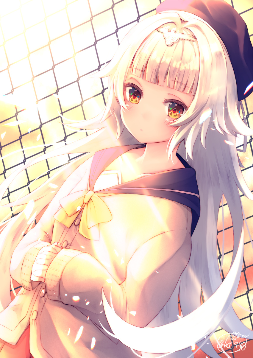 1girl azur_lane bangs beret black_hat blunt_bangs blush bow bowtie brown_eyes cardigan chain-link_fence chita_(ketchup) closed_mouth collarbone commentary_request eyebrows_visible_through_hair fence hair_intakes hair_ornament hat highres interlocked_fingers long_hair long_sleeves looking_at_viewer outdoors own_hands_together pleated_skirt school_uniform serafuku signature skirt sleeves_past_wrists solo sunlight sunset very_long_hair white_hair yellow_neckwear z46_(azur_lane)