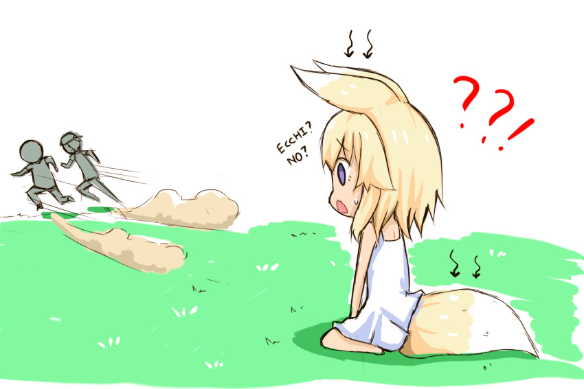! 1girl 2boys ?? animal_ears bare_arms blonde_hair comic day directional_arrow disappointed dress fleeing fox_ears fox_girl fox_tail grass greenteaneko highres long_hair looking_away multiple_boys on_grass open_mouth original outdoors running sitting sleeveless sleeveless_dress sweat tail violet_eyes wariza wavy_mouth white_dress