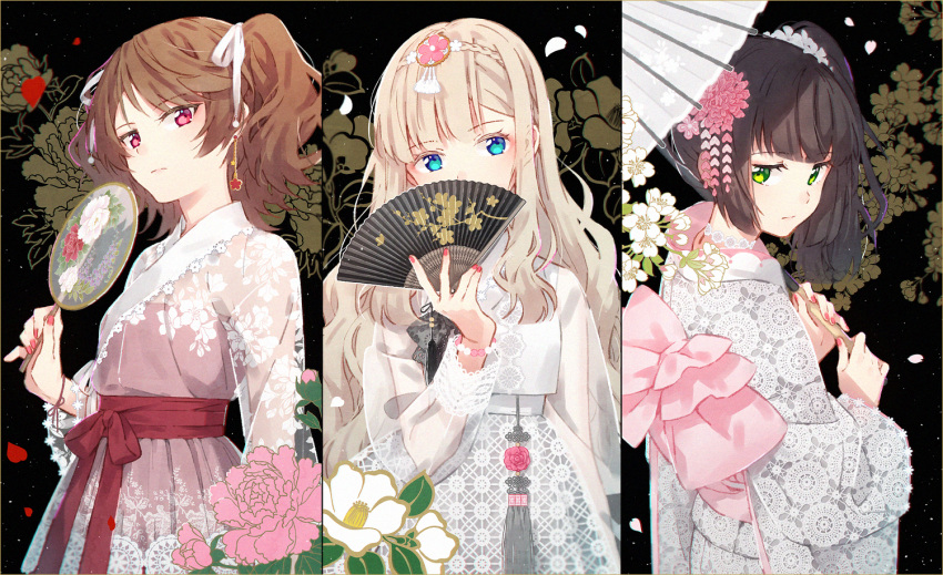 3girls bangs bead_bracelet beads black_hair blue_eyes bow bracelet braid brown_hair closed_mouth covered_mouth crown_braid dress eyebrows_visible_through_hair fan fingernails flower folding_fan green_eyes hair_flower hair_ornament hair_ribbon hakusai_(tiahszld) holding holding_fan holding_umbrella japanese_clothes jewelry kimono lace light_brown_hair long_sleeves looking_at_viewer looking_to_the_side multiple_girls nail_polish oriental_umbrella original petals pink_bow pink_flower red_eyes red_nails ribbon see-through side_ponytail twintails umbrella white_dress white_flower white_kimono white_ribbon wide_sleeves
