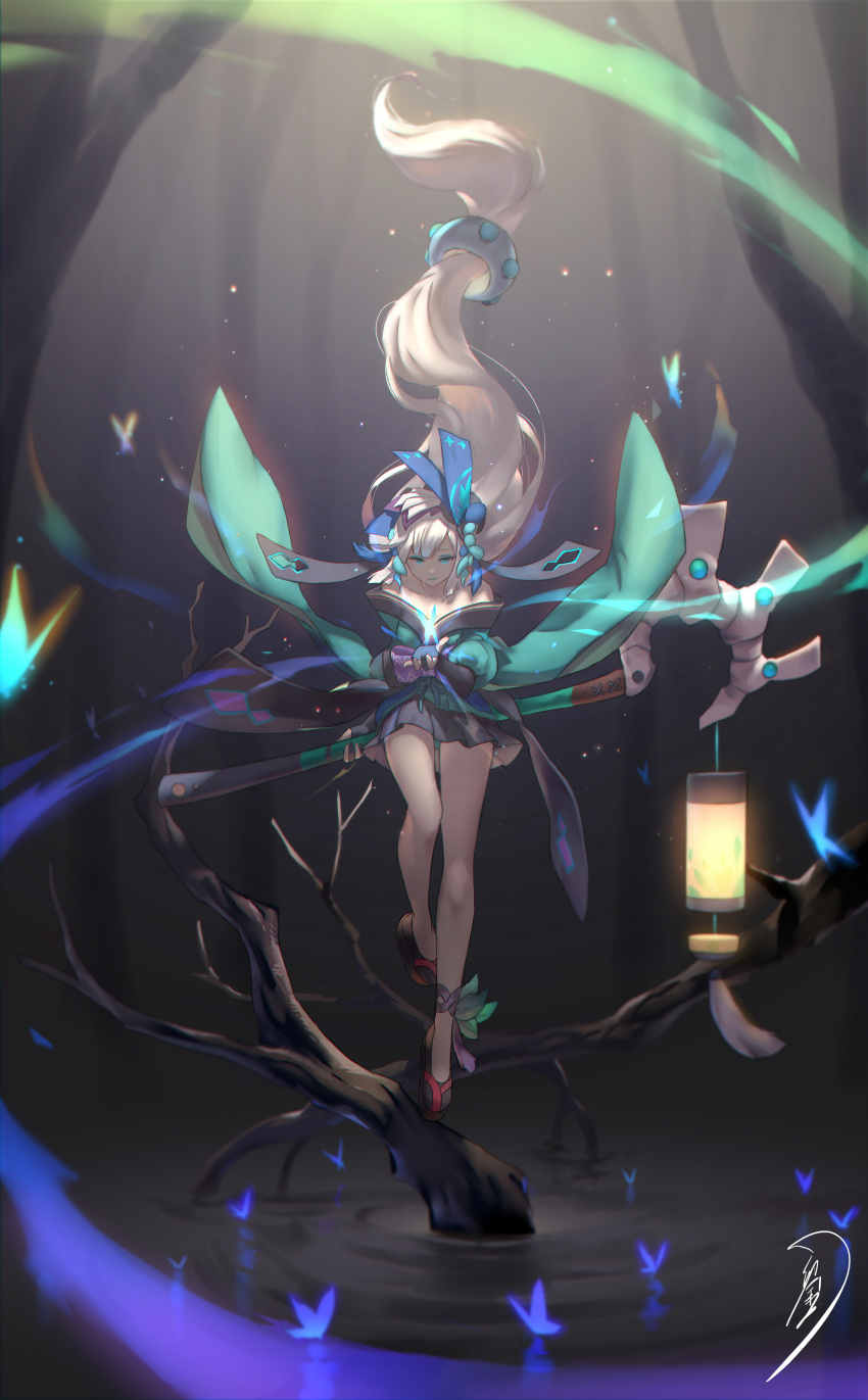 1girl absurdres aoandon bangs bare_shoulders blue_eyes branch butterfly eyeshadow floating floating_hair fukafusa gloves hair_ornament highres japanese_clothes kimono lantern legs long_hair makeup miniskirt obi onmyoji partly_fingerless_gloves platform_footwear sash skirt solo staff very_long_hair white_hair wide_sleeves