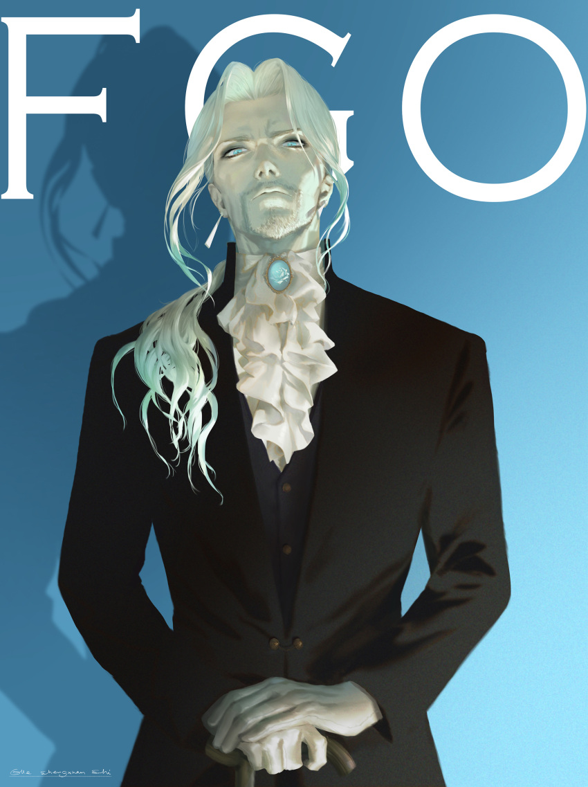 1boy absurdres ascot beard blonde_hair blue_background blue_eyes brooch buttons closed_mouth copyright_name earrings expressionless facial_hair fate/grand_order fate_(series) forehead formal gem hair_over_shoulder highres jewelry long_hair long_sleeves looking_at_viewer lost_elle low_ponytail male_focus simple_background suit twitter_username upper_body vlad_iii_(fate/apocrypha) walking_stick white_neckwear