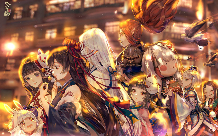 3boys 6+girls bangs black_hair blunt_bangs building character_request crying detached_sleeves eating flower flying from_side hair_flower hair_ornament horn horns japanese_clothes kimono long_hair looking_at_another mask mask_on_head multiple_boys multiple_girls onmyoji open_mouth pink_lips say_hana smile spider_lily tattoo tears very_long_hair walking white_hair wide_sleeves wings yuki_onna_(onmyoji)