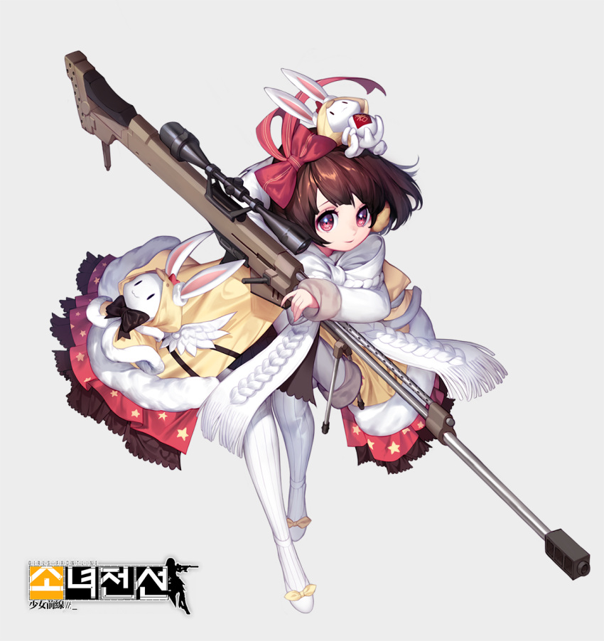 1girl alternate_costume arm_across_waist arm_warmers bangs barrett_m99 bike_shorts bow charles chocolate_hair closed_mouth detached_sleeves explosive full_body girls_frontline grenade grey_background gun hair_bow hair_ornament hair_ribbon handgun highres holding holding_gun holding_weapon logo long_sleeves looking_at_viewer m99_(girls_frontline) magazine_(weapon) mid-stride open_mouth pink_eyes pistol rabbit red_robe ribbon rifle scarf scope shoe_bow shoes short_hair sidelocks sitting sleeves_rolled_up smile sniper_rifle solo striped striped_legwear stuffed_animal stuffed_toy thigh-highs weapon white_background white_footwear white_scarf wind wind_lift