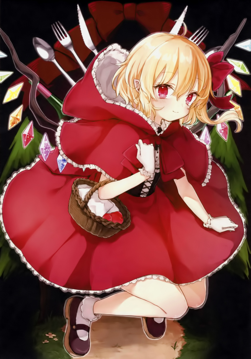 1girl absurdres alternate_costume apple bangs basket blonde_hair brown_footwear cosplay flandre_scarlet food fork fruit full_body gloves highres holding honotai knife little_red_riding_hood little_red_riding_hood_(cosplay) looking_at_viewer pointy_ears red_eyes scan shoes smile socks solo spoon touhou white_gloves white_legwear wings